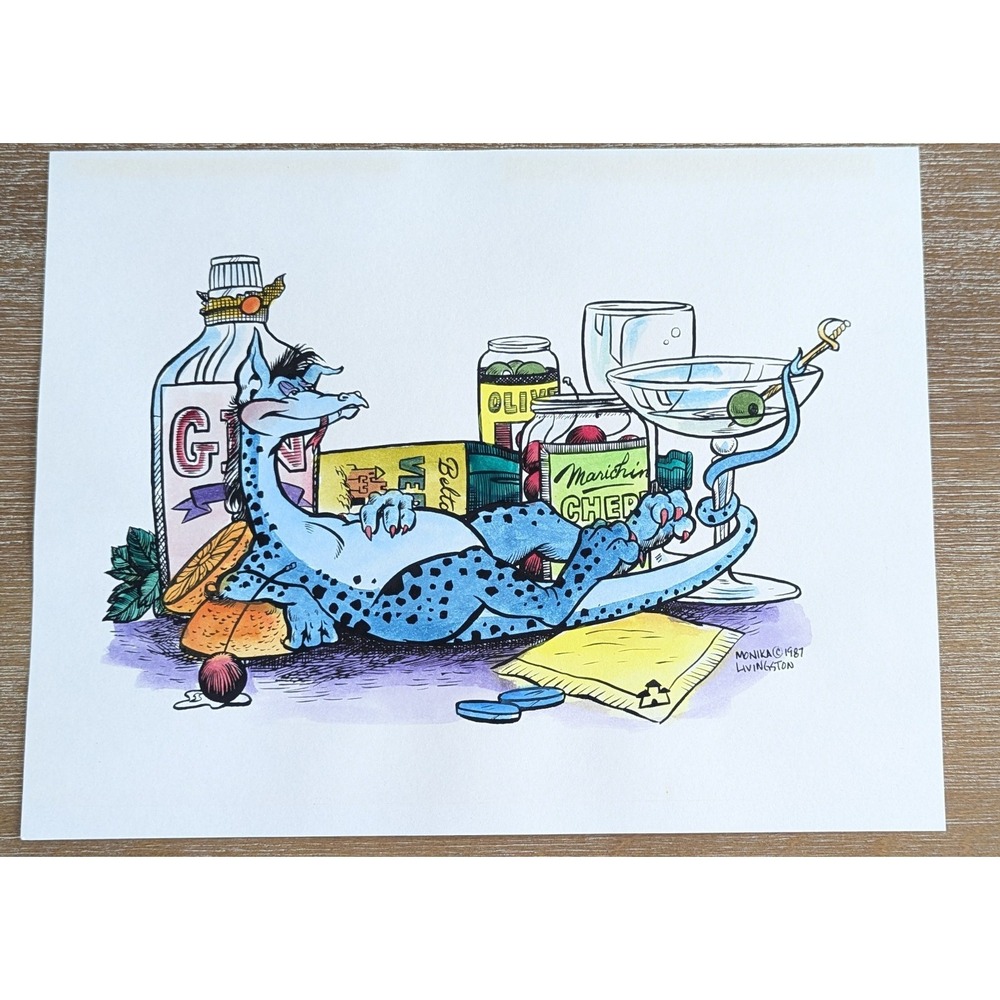 Drunk Dragon Art Colorful Cartoon Alcohol Bar Martini Monika Livingston 1987